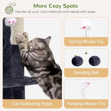 Globlazer Cat Tree Tower for Indoor Cats, 50-inch Adult Cat Tree House for Large Adult Cats with Steps, Scratching Post, 2 Cat Caves, Dangling Toys, FC50, Dark Grey - Image 5