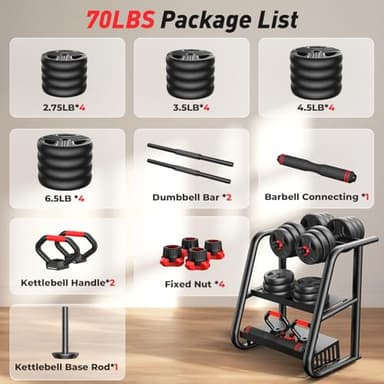 Adjustable Dumbbell Set, 70lbs Free Weights with Upgraded Nut, 4 in 1 Weight Set Used as Kettlebells, Barbell, Push Up Stand, Fitness Exercise for Home Gym Suitable for Men/Women - Image 9