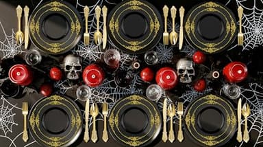 Nervure 350PCS Black Plastic Plates - Black Plastic Dinnerware Sets for 50 Guests - 100 Disposable Plates, 150 Gold Silverware, 50 Cups, 50 Napkins for Wedding & Party & Halloween - Image 2