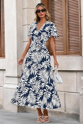 MASCOMODA Womens Summer Boho Maxi Dress Floral Wrap V Neck Flutter Short Sleeve Tie Waist A Line Tiered Flowy Long Dresses(Navy White Flower,Large) - Image 5