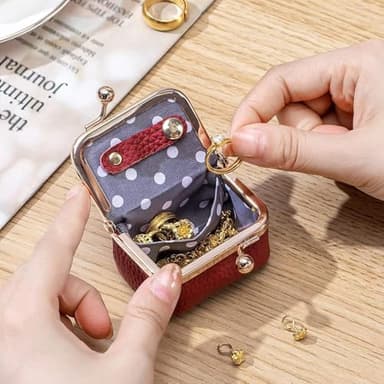 Leather Mini Jewelry Box, Portable Vintage Leather Coin Purse Jewelry Box with kiss Lock, Mini Travel Ring Box for Earrings/Rings/Necklaces/Bracelets - Image 3