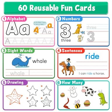 HOQEEWIPE Preschool Learning Activities - 60 Reusable Cards, Pre-K Kindergarten Workbook, Autism Supplies Montessori Educational Game, Sight Words & Handwriting Practice Book for Kids Ages 3 4 5 6 - Image 3