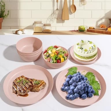 EI 12pcs Pink Wheat Straw Plates,Wheat Straw Dinnerware Set for 4,Plates and Bowls Sets,Plastic Plate Reusable,Unbreakable Plastic Plate Melamine,Camping Family Dishes Set - Image 6