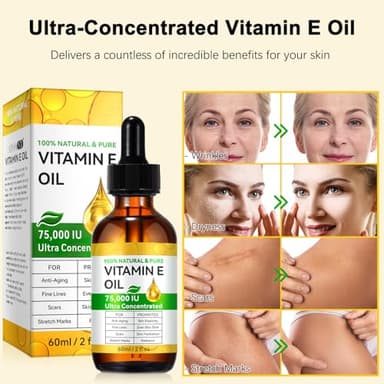 Vitamin E Oil, 75,000 IU, 100% Pure & Natural Vitamin E Oil for Skin, Face, Hair, Nails & Scars, Body Bath Moisturizing Dry Skin and Winkles, Non-GMO & Vegan (2 Fl Oz (Pack of 1)) - Image 4