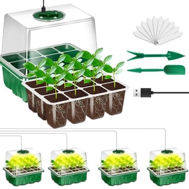 BEIUEN Seed Starter Tray with Grow Light, 5 Pack/60 Cells Seed Starter Kit, Seedling Starter Trays with Dome, Heightened Lids for Greenhouse Seeding Planting Growing (Green). - Image 1