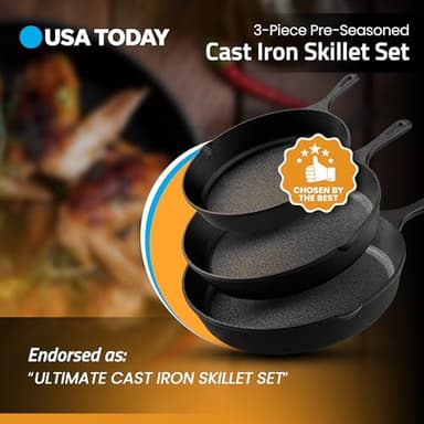 Utopia Kitchen Cast iron Skillets 3 Piece Set, Chefs Pan, Pre Seasoned Cast iron Skillets, 6, 8 & 10 Inches, Easy Use in the Oven, Stove, Grill, or Campfire, Black - Image 2