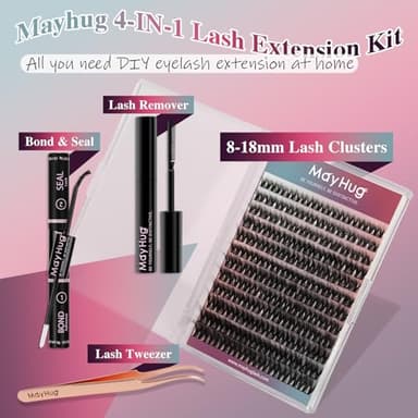 Mayhug Lash Extension Kit 144 Pcs, 3D Lash Clusters 8-18/D Curl Wispy Lash Clusters with 10ml Bond and Seal Waterproof, 5ml Lash Remover, Lash Tweezers Eyelash Extensions Kit at Home (Prism Kit) - Image 2