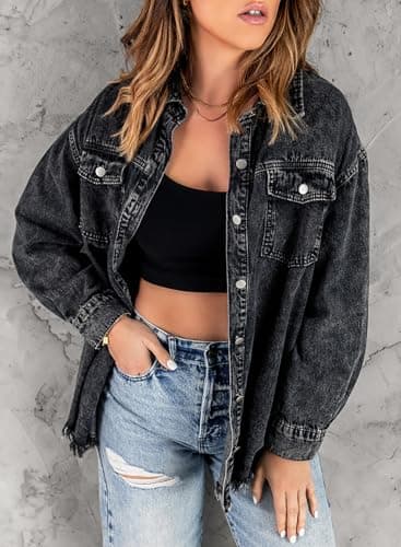 Dokotoo Women's Jean Jacket Oversized Button DownLong Sleeve Denim Shirts Fall Shackets Distressed Ripped Denim Jackets Fray Hem Tassels Jean Jacket for Women with Pockets,(US 16-18) XL,Black - Image 3