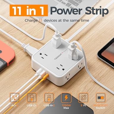 TESSAN Surge Protector Power Strip, 5 Ft Flat Plug Extension Cord with 3 USB (1 USB C) 8 Outlets, 900J Surge Protection, 3 Sided Outlet Extender with Power Switch for Office, Dorm Room Essentials - Image 2