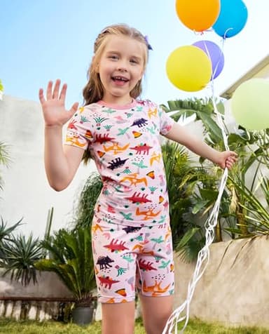 babee Reshinee Bamboo Viscose Toddler Girls Kids Pajama Sets Short Summer Cool Snug fit Sleepwear Pjs 2pcs Set 4-5Y Pink Dino - Image 4