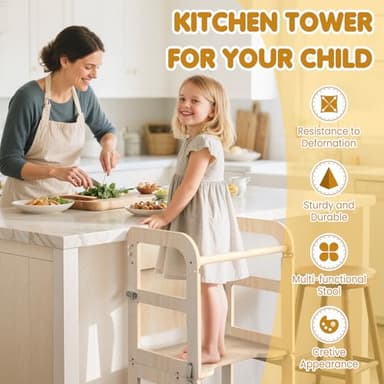 Woodure 6 in-1 Toddler Kitchen Step Stool with Wooden Stool, Foldable Learning Standing Tower with Blackboard & Feeding Tray, Wooden Kitchen Stool Helper for Kids, 1-3 Year Old Boy Girl Gifts - Image 7