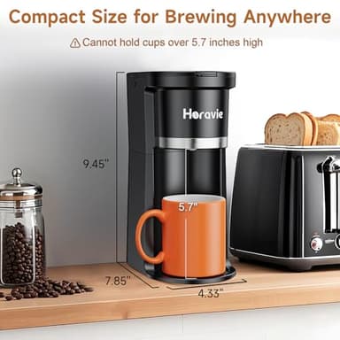 Horavie Small Single Serve Coffee Maker, Fast Brew One Cup Coffee Machine for K Cup and Grounds, 6 to 12 oz. Brew Sizes, Capsule Coffee Machine with Descaling Reminder and Viewing Tank, Black - Image 2