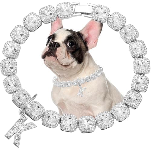 Silver Dog Chain Diamond Cuban Collar with K Letter Tag Walking Metal Chains Collars Secure Buckle,Pet Cuban Link Jewelry Accessories for Small Medium Dogs Cats(10") - Image 1