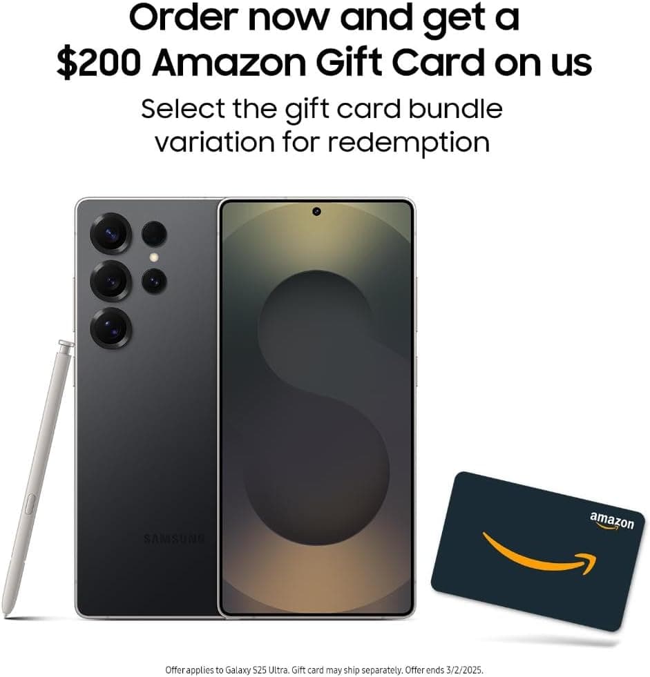 SAMSUNG Galaxy S25 Ultra Cell Phone + $200 Amazon Gift Card, 256GB AI Smartphone, Unlocked Android, 200MP AI Camera, S Pen, Fast Processor, Long Battery Life, 2025, Titanium Black