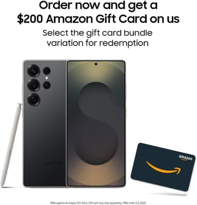SAMSUNG Galaxy S25 Ultra Cell Phone + $200 Amazon Gift Card, 256GB AI Smartphone, Unlocked Android, 200MP AI Camera, S Pen, Fast Processor, Long Battery Life, 2025, Titanium Black