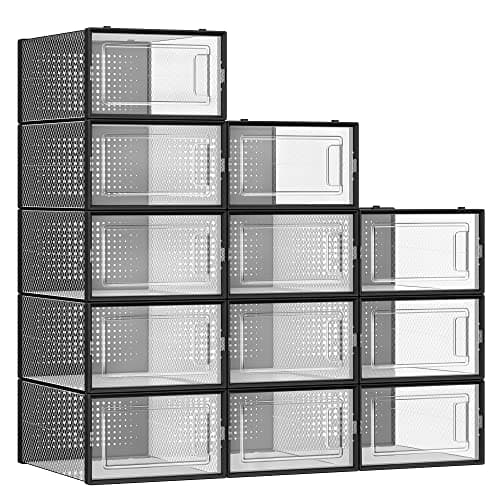 SONGMICS Shoe Boxes, Pack of 12 Shoe Storage Organizers, Stackable Clear Plastic Boxes for Closet, Sneakers, 13.1 x 9.1 x 5.6 Inches, Transparent and Black ULSP006B12 - Image 1