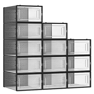 SONGMICS Shoe Boxes, Pack of 12 Shoe Storage Organizers, Stackable Clear Plastic Boxes for Closet, Sneakers, 13.1 x 9.1 x 5.6 Inches, Transparent and Black ULSP006B12 - Image 1