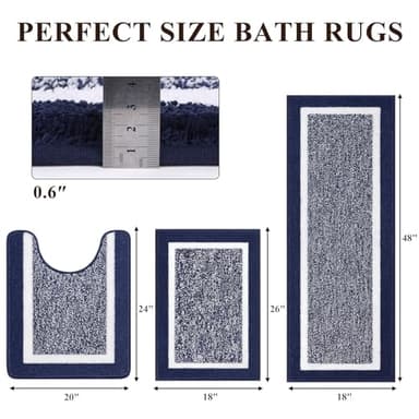 Pauwer 3 Piece Bath Mat Set, Non-Slip Plush Rugs, Absorbent Shaggy Set With U-Shaped Contour Toilet Mat for Bathroom, Bedroom, Living Room, Navy - Image 2