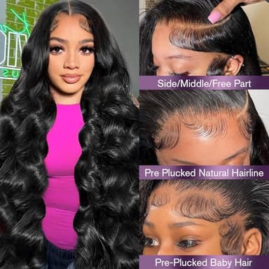 VNFM 32inch 13x6 Body Wave Lace Front Wigs Human Hair 180 Density HD Lace Frontal Wigs Human Hair Pre Plucked Human hair Wig for Women Natural Black - Image 2
