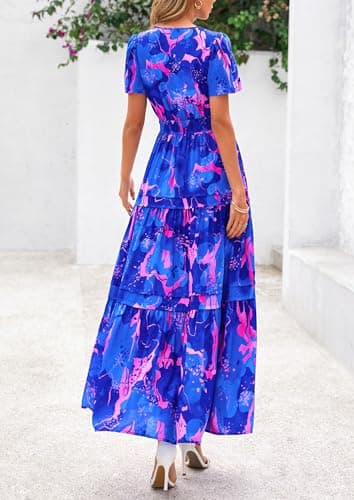 PRETTYGARDEN Women's 2025 Summer Boho Maxi Dresses Floral Short Sleeve V Neck A Line Tiered Flowy Long Beach Vacation Dress (Royal Blue,X-Large) - Image 2