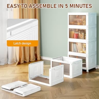 4 Tier Storage Bins with Lids, 23QT Stackable Closet Organizers and Storage with Wheels, Collapsible Storage Boxes, Foldable Plastic Storage Containers for Home,Office, Dorm Room-White - Image 3