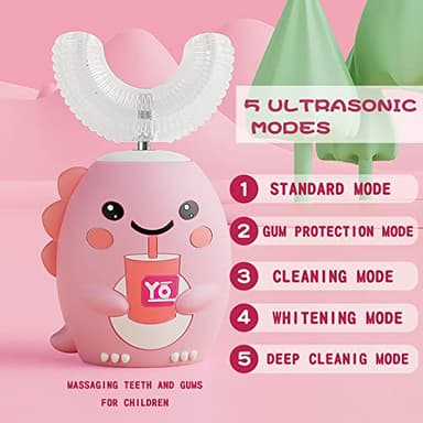 Kids U Shaped Electric Toothbrush with 4 Brush Heads, Sonic Toothbrush Kids with 5 Modes, Cartoon Dinosaur 360-Degree Cleaning IPX7 Waterproof Design (6-12 Age (Pink)) - Image 2