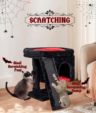 SYANDLVY Gothic Cat Tree with Coffin Bed for Indoor Cats, Cat Tower with Scratching Post, Modern Activity House for Large Cats, Condo with Board, Kittens Cave - Image 7