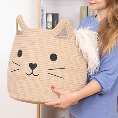 VK VK·LIVING Animal Baskets Large Woven Cotton Rope Storage with Cute Cat Design Laundry Organizer for Towels, Blanket, Toys, Clothes, Gifts – Cat Toy Box Pet or Baby Gift Baskets 15"Lx14H" - Image 2