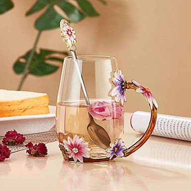 Luka Tech Enamel flower Lead-free Glass Coffee Mugs Tea Cup with Steel Spoon, Best Birthday Gifts For Women Wife Mom Friends Mothers Valentines Day Christmas - Image 2