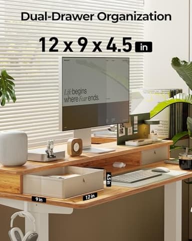 FEZIBO 60 x 24 Inch Height Adjustable Electric Standing Desk with Double Drawer, Computer Desk, Home Office Stand Up Table with 4 Height-Adjustable Feets & 2 Hooks, Light Rustic - Image 6