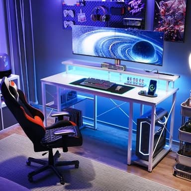 ODK 48 inch Gaming Desk with LED Lights & Power Outlets, Computer Desk with Monitor Stand & Storage Sheves, CPU Stand, Home Office Desk, White - Image 8