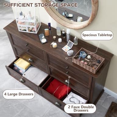 IFGET Farmhouse 6 Drawers Dresser for Bedroom, 58" Wide Dresser Chest of Drawers Organizer Storage, Wood Rustic Dresser for Closet w/Two Different Drawer Sizes for Living Room, Hallway, Brown - Image 4