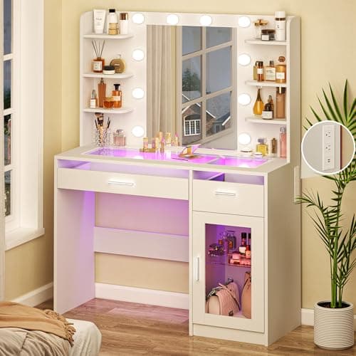 HUAHUU Vanity Desk with Mirror and Lights, Makeup Vanity Desk with Lights 3 Colors, Transparent Top Vanity with 2 RGB Drawers, 6 Shelves, Large Tempered Cabinet, Power Outlet, for Bedroom, White - Image 1