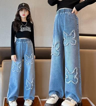 NABER Kids Girls Lovely Butterfly Wide Leg Jeans Washed Denim Pants Baggy Jeans Age 5-14(Blue14,13-14 Years) - Image 2