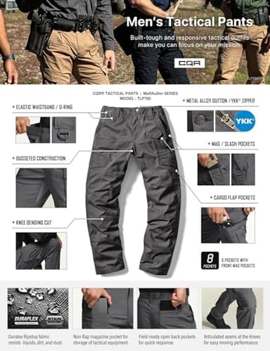 CQR Men's Flex Ripstop Tactical Pants, Water Resistant Stretch Cargo Pants, Lightweight EDC Hiking Work Pants, Dura Flex Mag Pocket Charcoal, 36W x 30L - Image 9