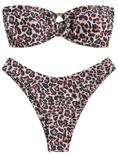 ZAFUL Women's Bandeau Bikini O Ring Strapless Tie Back High Cut Two Piece Swimsuit Bathing Suits (5-Leopard, S) - Image 1