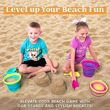JOYIN Foldable Beach Bucket Set - 3 Packs Collapsible Toy Buckets with Shovels and Mesh Backpack for Kids Toddlers Party, Camping Gear, Travelling, Fishing Water Pail (Pink/Purple/Green) - Image 6