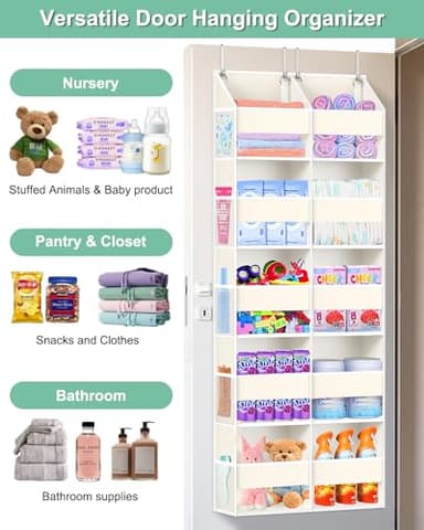 Heavy Duty Over The Door Organizer 5 Tiers, Extra Large Behind Door Storage of 10 Big Front & 10 Mesh Pockets, 80lb Weight Capacity, Doors Organizer Hanging for Closet Bathroom Bedroom Nursery, Beige - Image 7