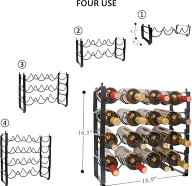 TONLEA 4 Tier Wine Rack, 3-in-1 16 Bottles Wine Storage, Wine Bottle Rack Stackable, Wine Storage Rack for Cabinet Pantry(Dark Black, Version 2.0) - Image 3
