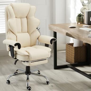 HOMREST 6-Point Massage Executive Chair,Heat Office Chair,Ergonomic Home Office Desk Chairs with Retractable Footrest and Reclining Function,Leather Computer Chair with Adjustable Armrest(Off White) - Image 8