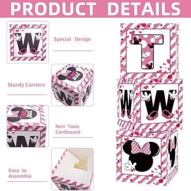 2nd Birthday Party Favors Balloon Boxes Supplies for Baby, Girls 3Pcs Pink Mouse Theme Two Year Old Balloon Boxes, 'TWO' Letters Balloon Arch Kit for Party Decorations - Image 4