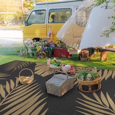 GENIMO Outdoor Rug 8' x 16' Waterproof for Patios Clearance, Reversible Outdoor Plastic Straw Camping Rug Carpet, Large Area Rugs Mats for RV, Camper, Deck, Balcony, Porch, Beach, Picnic, Black&Brown - Image 3