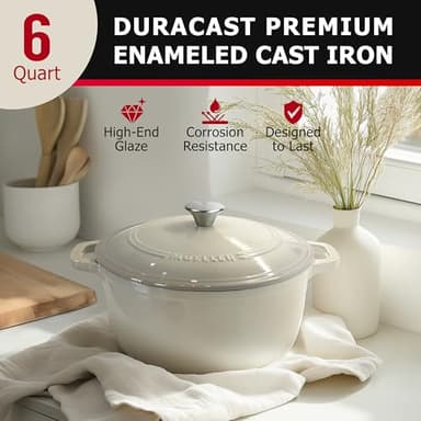 Mueller 6qt Enameled Cast Iron Dutch Oven, Heavy-Duty Casserole and Braiser Pan with Lid and Knob, Oven-Safe up to 500° F & Across All Cooktops, White - Image 2