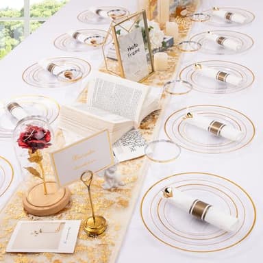 DaYammi 350PCS Clear Gold Plastic Dinnerware Set for 50 Guests, Fancy Disposable Plates for Party, Include: 50 Dinner Plates, 50 Dessert Plates, 50 Pre Rolled Napkins with Gold Silverware, 50 Cups - Image 6