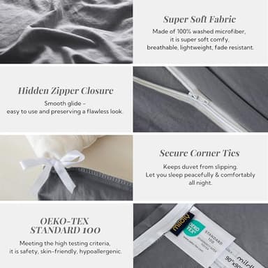 MILDLY Super Soft Duvet Cover - 100% Washed Microfiber Dark Grey Comforter Cover Set 3 Pieces with Zipper Closure & Corner Ties (No Comforter) - Image 5