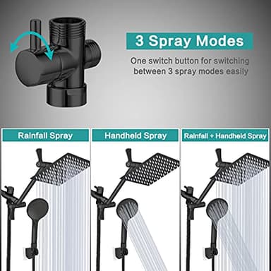 Shower Head, 8‘’ High Pressure Rainfall/Handheld Shower Combo with 11'' Extension Arm, 9 Settings, Anti-leak Shower Head with Holder, Height/Angle Adjustable, Chrome, Matte Black - Image 2