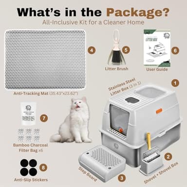 Fully Enclosed XXL Stainlessss Steel Litter Box with Lid, 8" Deep Pan, Large Stainless Steel Cat Litter Box for Big Cat with Scoop, Step Board, Mat, Brush, Odor-Free, Anti-Leak, Non-Stick (Light Gray) - Image 9