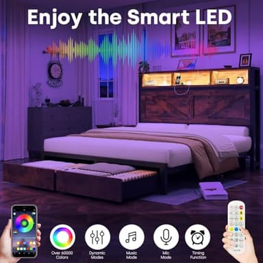 Incyneva Farmhouse Full Bed Frame with Bookcase Storage Headboard, Charging Station, LED Light and 2 Storage Drawers, Noise Free, No Box Spring Needed, Brown - Image 4