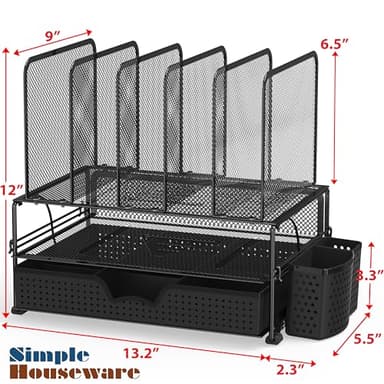 SIMPLE HOUSEWARE Mesh Desk Organizer with Sliding Drawer, Double Tray and 5 Upright Sections, Black - Image 2