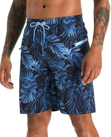 APTRO 2 in 1 Men's Swim Trunks 9" with Zipper Pockets Bathing Suit Built-in Board Shorts Swimwear Long Shorts Palm Blue 1X - Image 2